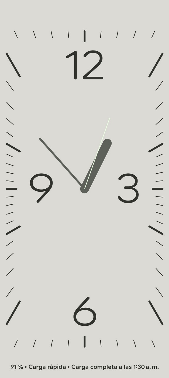 Reloj marcando las 10:10, carga del 91%, carga rápida, completa a la 1:30 a.m., diseño minimalista.