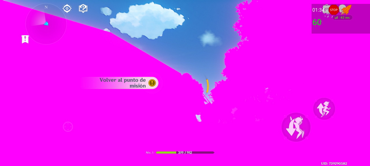 Pantalla de videojuego con mensaje: Volver al punto de misión y cielo con nubes.