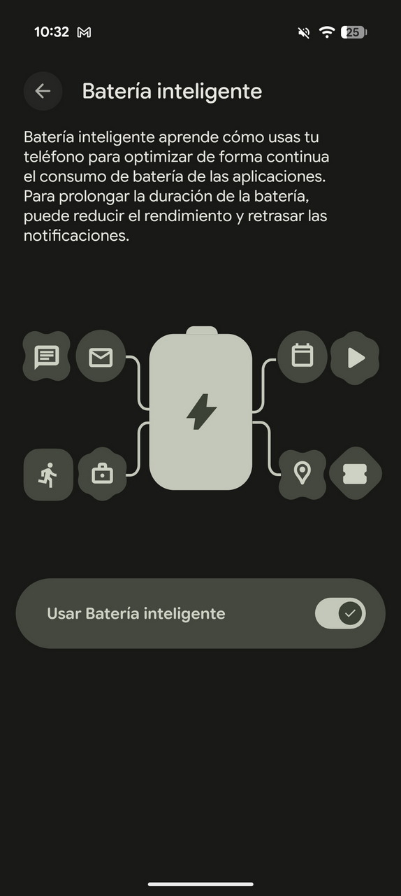 Pantalla de configuración de batería inteligente en un smartphone, mostrando opciones de optimización y ahorro de energía.