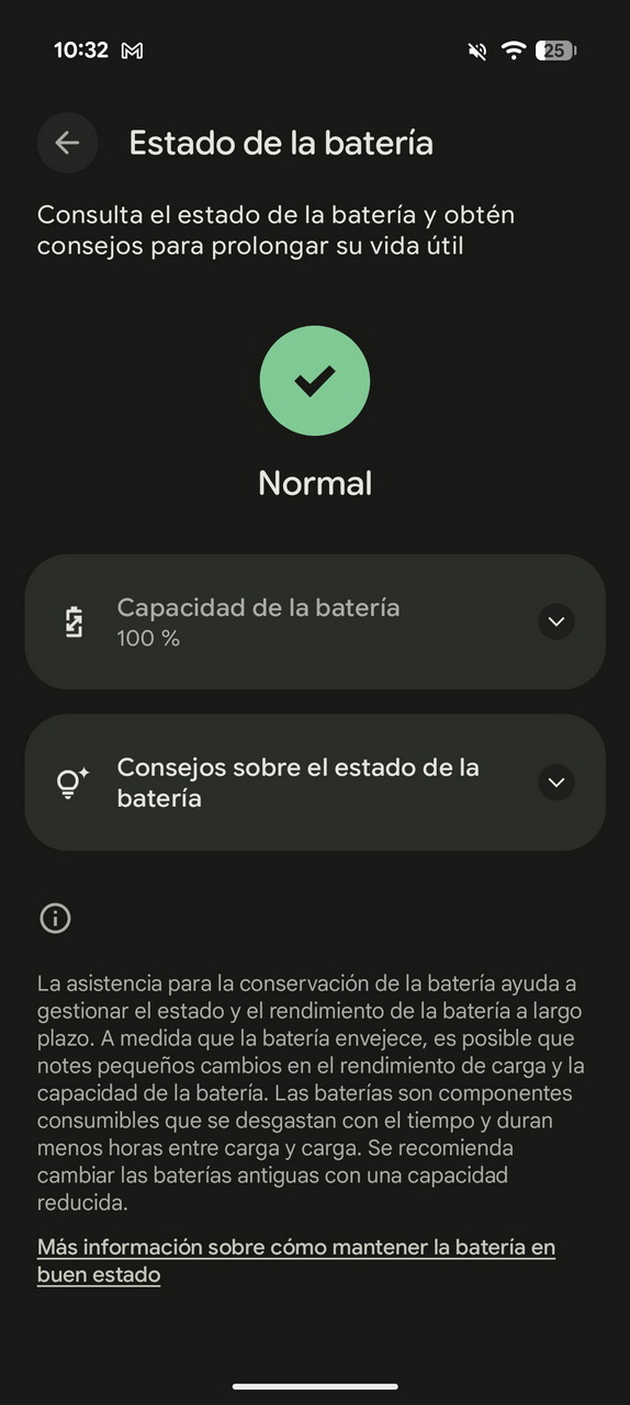 Pantalla de estado de batería al 100% con recomendaciones para prolongar su vida útil. Indicador de estado: Normal.