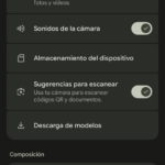 Captura de pantalla de ajustes de cámara en dispositivo móvil con opciones de ubicación, sonido y encuadre.