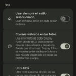 Configuración de la cámara en smartphone con opciones de edición automática, HDR y colores vibrantes.