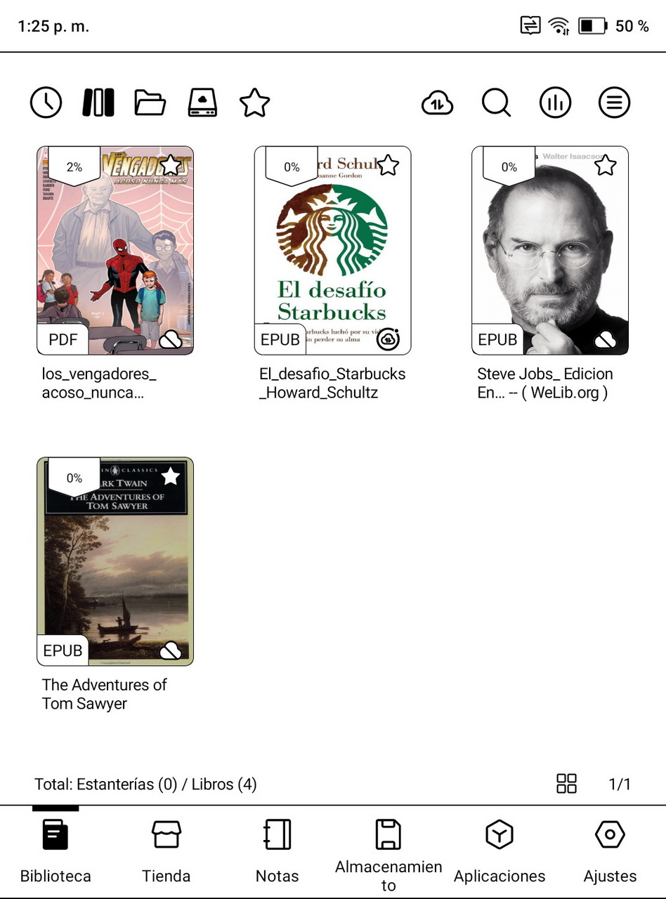Captura de pantalla con cuatro portadas de libros en formato PDF y EPUB en un lector electrónico.