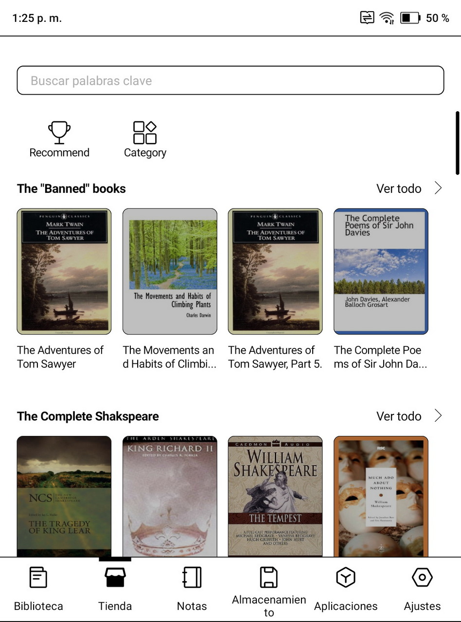 Interfaz de biblioteca digital mostrando libros de Twain, Darwin y Shakespeare organizados por categorías y opciones.