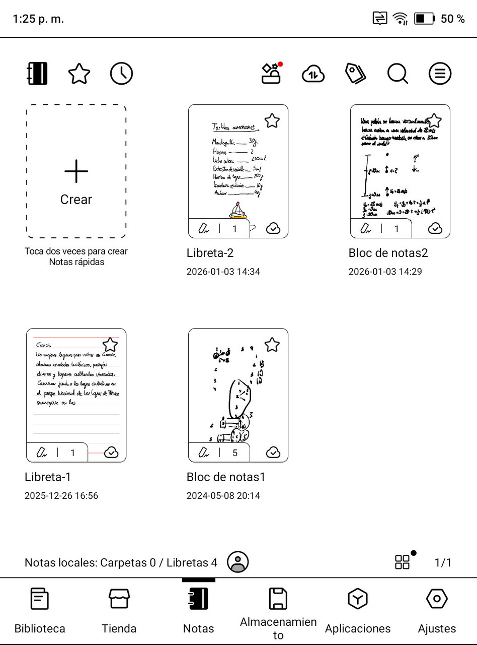 Pantalla de aplicación con libretas digitales y opción para crear notas rápidas, mostrando fechas y títulos.