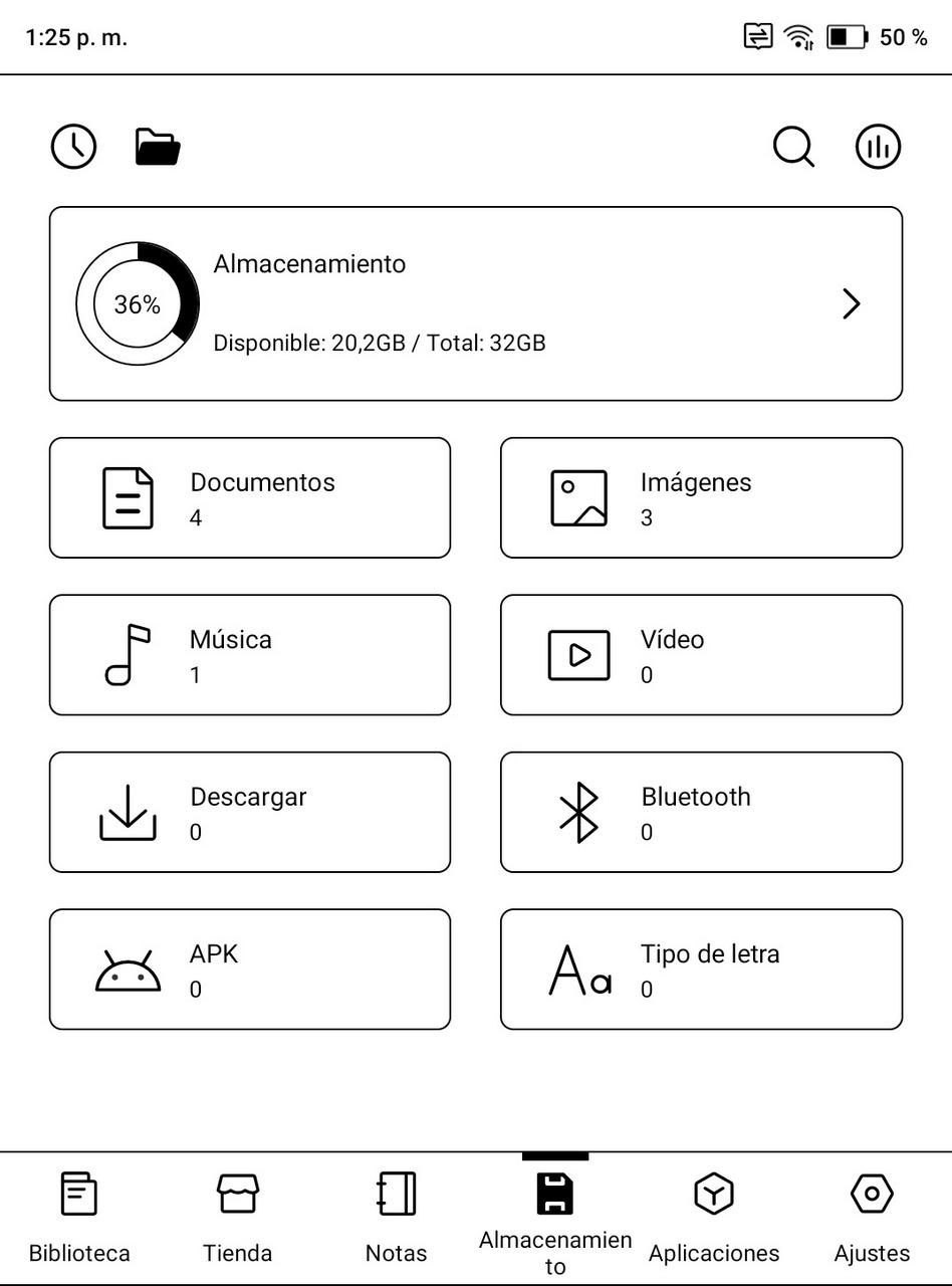 Pantalla de gestión de almacenamiento: 36% usado, 20.2GB disponibles de 32GB totales, categorías de archivos.