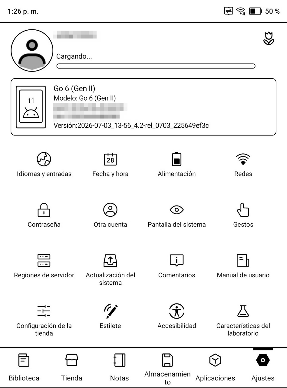 Pantalla de ajustes de dispositivo Go 6 Gen II con opciones como idioma, fecha, redes, y más. Batería al 50%.