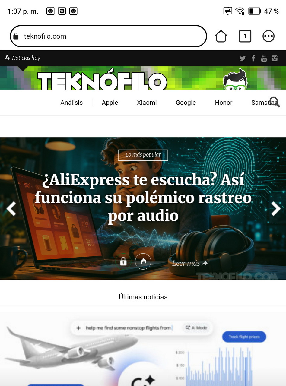 Página web de tecnología Teknofilo con artículo sobre rastreo de audio en AliExpress.