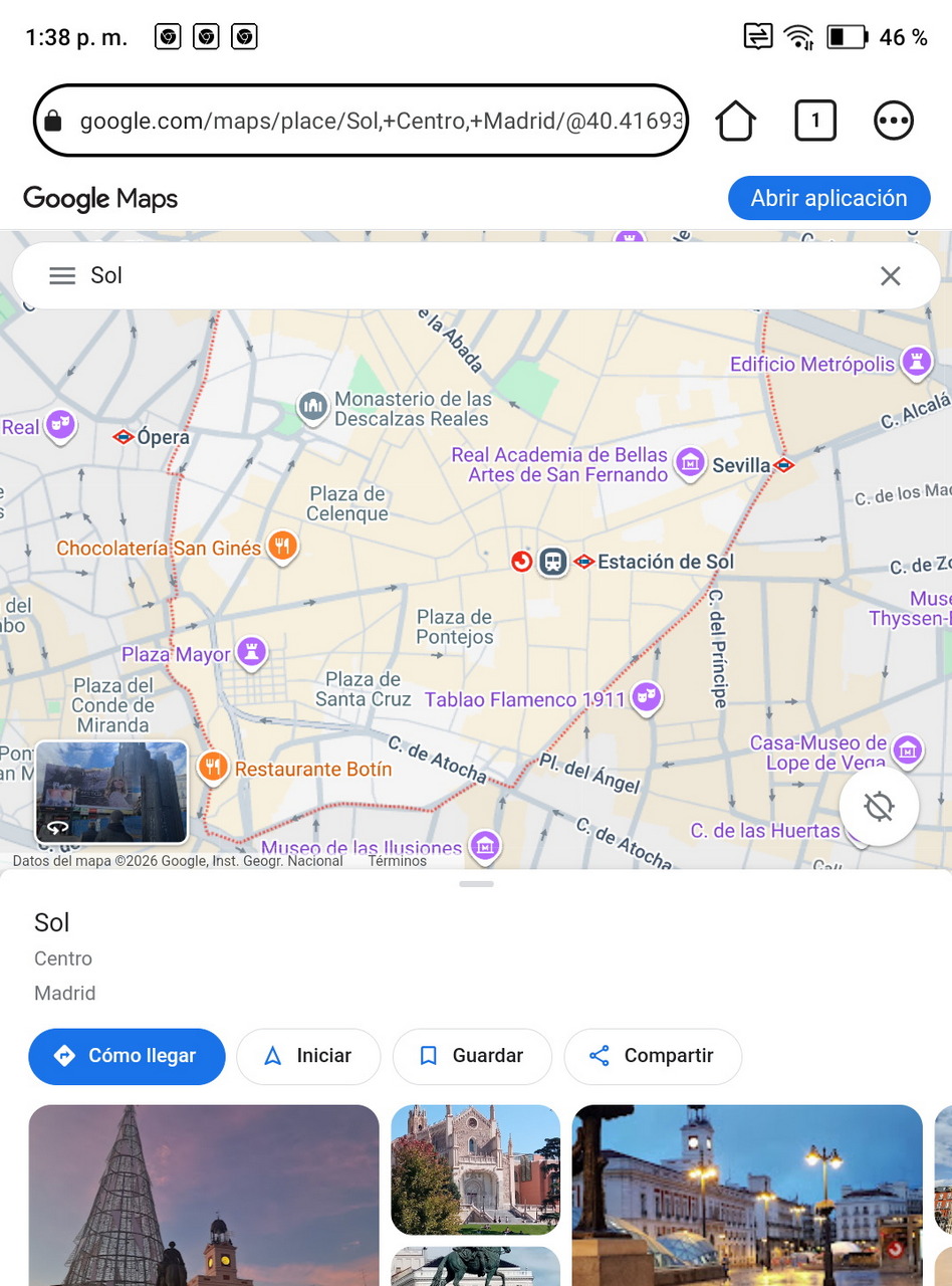 Mapa de Google mostrando la ubicación de la Estación de Sol en el centro de Madrid, con puntos de interés cercanos.