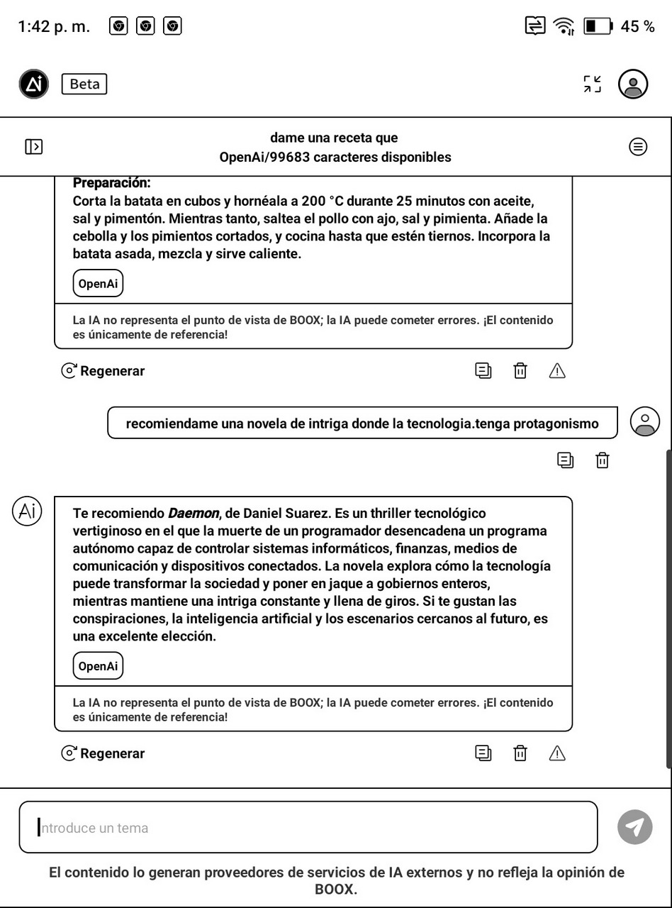 Pantalla de e-reader mostrando receta de batata y recomendación de novela tecnológica de intriga Daemon de Daniel Suarez.