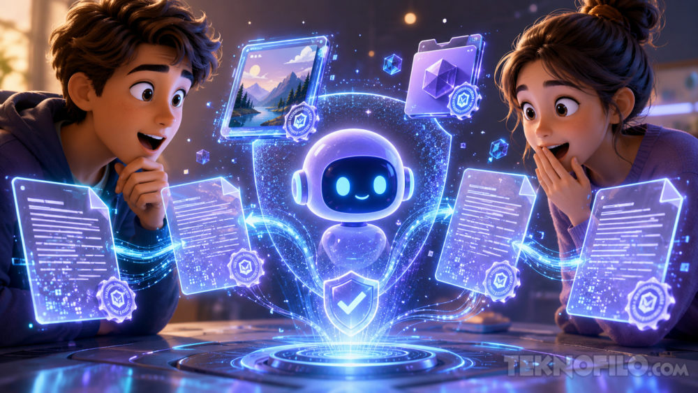 Claude empezará a marcar todos sus textos con una huella invisible de IA Jóvenes emocionados interactúan con un robot holográfico rodeado de documentos digitales y gráficos futuristas.