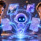 Jóvenes emocionados interactúan con un robot holográfico rodeado de documentos digitales y gráficos futuristas.