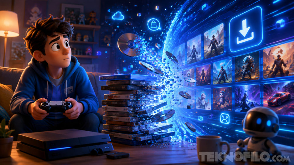 Sony no da marcha atrás: los juegos físicos de PlayStation desaparecerán pese al boicot Joven jugando videojuegos mientras una nube digital transforma discos en contenido descargable en su pantalla.