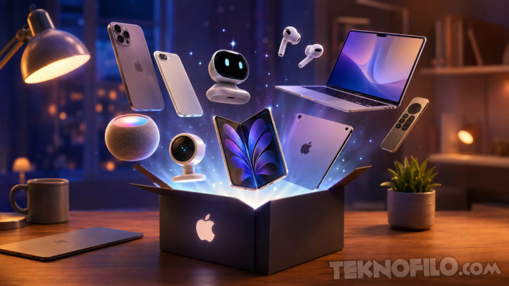 macOS Tahoe 26.7 filtra los próximos productos de Apple: iPhone plegable, AirPods con cámaras y mucho más Caja mágica de Apple con gadgets flotantes: iPhone, iPad, MacBook, AirPods, y más, iluminados y en un escritorio.