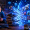 Joven jugando videojuegos mientras una nube digital transforma discos en contenido descargable en su pantalla.