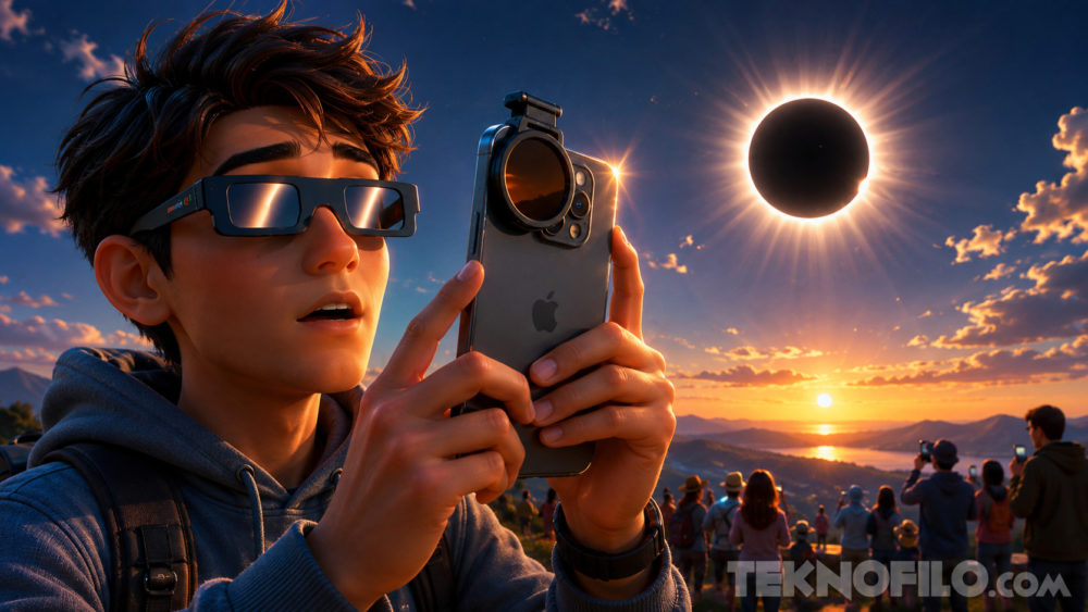 Joven observa eclipse solar con gafas especiales mientras fotografía con su móvil en un paisaje al atardecer.