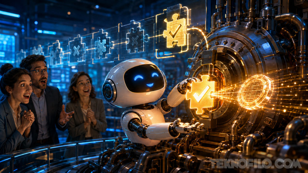 OpenAI cambia las reglas: algunas empresas solo pagan cuando la IA completa el trabajo Robot ensamblando engranaje luminoso en fábrica futurista, observado por personas emocionadas. Innovación y tecnología avanzada.