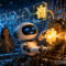 Robot ensamblando engranaje luminoso en fábrica futurista, observado por personas emocionadas. Innovación y tecnología avanzada.