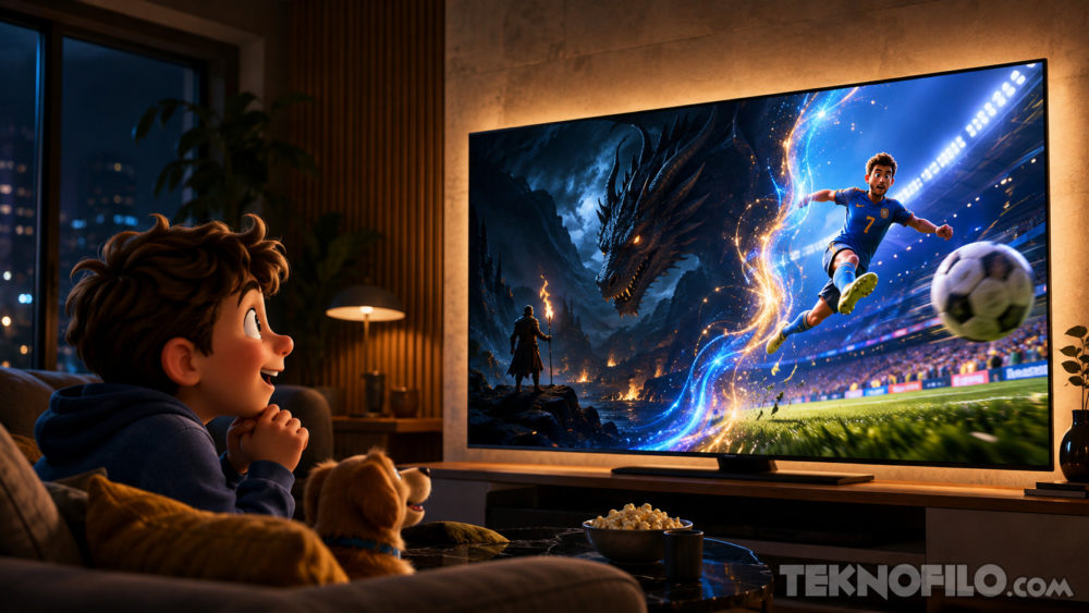 Samsung y Prime Video estrenan HDR10+ ADVANCED: así mejorará la imagen de tu televisor Niño emocionado viendo una épica escena de fútbol fantásico en televisión, junto a su perro y palomitas.