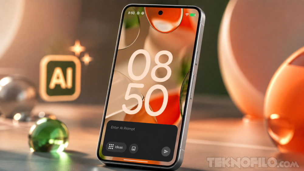 Android 17 tendrá una función para diseñar relojes personalizados con IA Smartphone moderno con pantalla encendida mostrando hora, fondo abstracto y letras AI al fondo. Estética futurista.