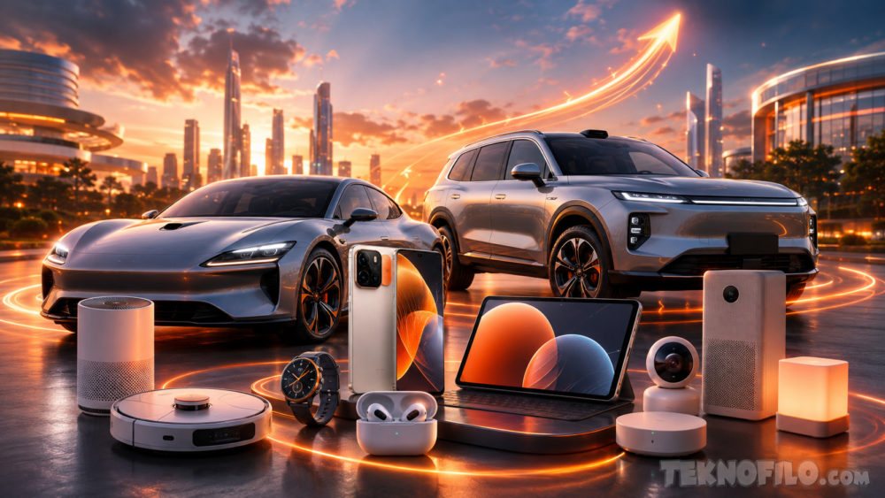 Xiaomi cierra el segundo trimestre con el coche eléctrico creciendo mientras los móviles pierden volumen Vehículos eléctricos y dispositivos inteligentes en ciudad futurista al atardecer, tecnología avanzada iluminada por neón.