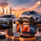 Xiaomi cierra el segundo trimestre con el coche eléctrico creciendo mientras los móviles pierden volumen Vehículos eléctricos y dispositivos inteligentes en ciudad futurista al atardecer, tecnología avanzada iluminada por neón.