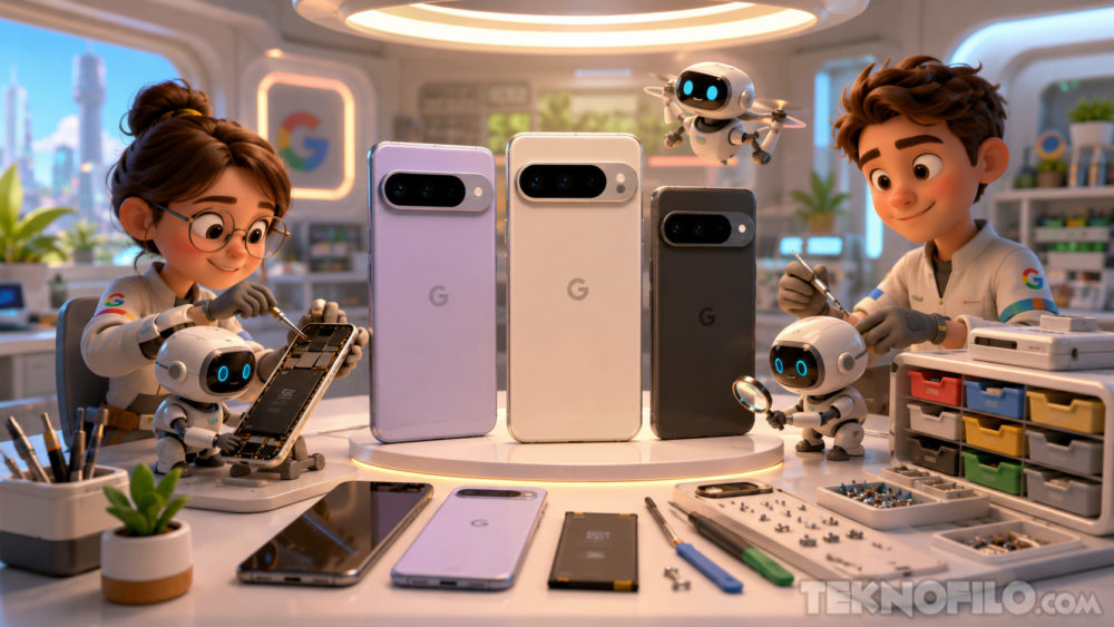 Técnicos animados reparan smartphones con robots en un laboratorio moderno de tecnología Google.