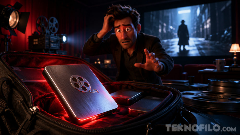 Netflix ha perdido un disco con una película inédita de Nicolas Cage Un hombre sorprendido observa un dispositivo futurista iluminado en una sala de proyección de películas.