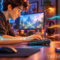 Joven usando teclado ergonómico en escritorio moderno con iluminación LED y diseño gamer, acompañado de un gato.