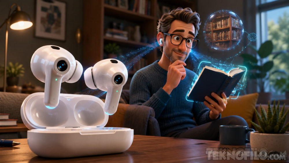 Los AirPods con cámaras de Apple revelan nuevos secretos: así podrán «ver» lo que te rodea Hombre leyendo con auriculares inteligentes y tecnología de hologramas en una sala de estar moderna.