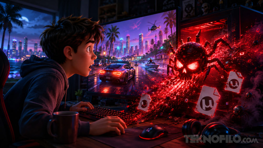 Joven sorprendido ante computadora con virus en forma de calavera emergente, ciudad nocturna en pantalla.