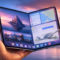 Tableta plegable con pantalla dual mostrando paisaje y aplicaciones al atardecer en la ciudad.