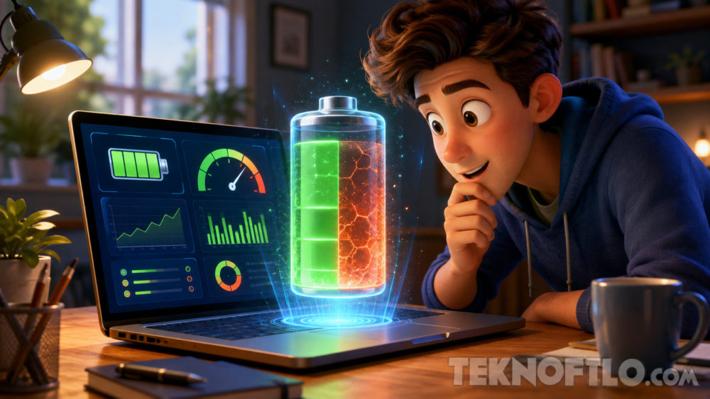 Cómo averiguar la salud de la batería de tu portátil Windows Joven entusiasmado observa nivel de batería virtual y gráficos en laptop, representando energía y tecnología moderna.