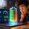 Cómo averiguar la salud de la batería de tu portátil Windows Joven entusiasmado observa nivel de batería virtual y gráficos en laptop, representando energía y tecnología moderna.