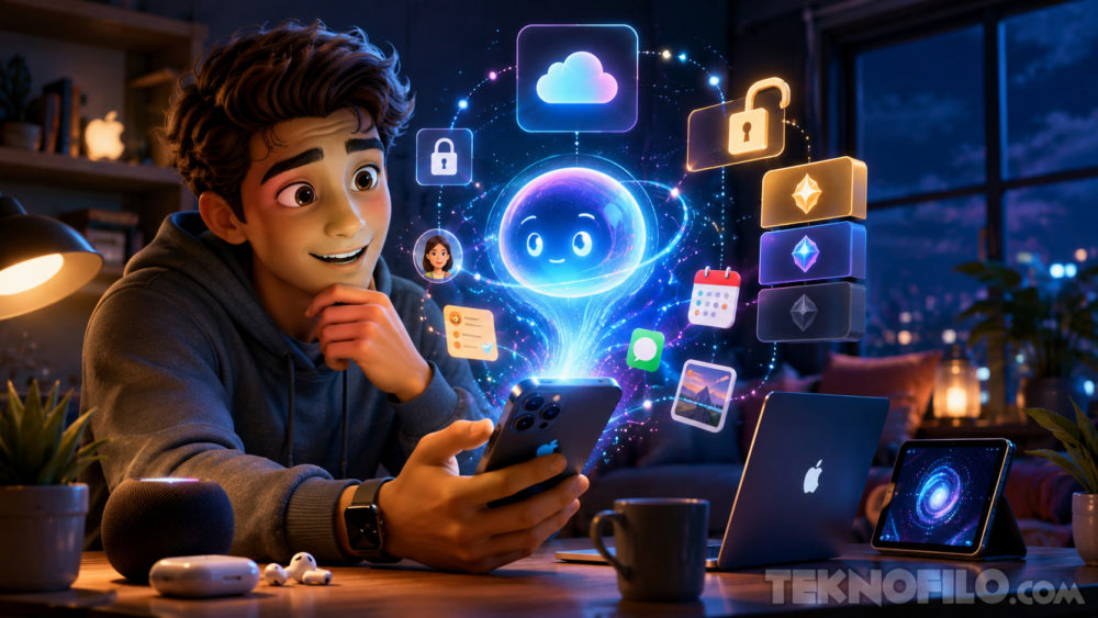 Joven interactúa con asistente virtual holográfico en smartphone, rodeado de iconos tecnológicos y dispositivos Apple.