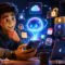 Joven interactúa con asistente virtual holográfico en smartphone, rodeado de iconos tecnológicos y dispositivos Apple.