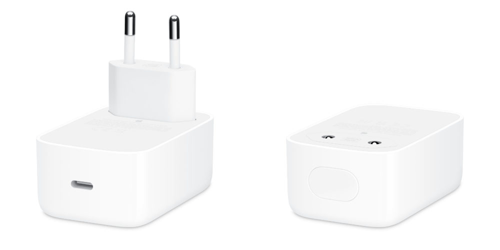 Cargador USB-C blanco con enchufe europeo, vista lateral y superior. Ideal para dispositivos electrónicos.