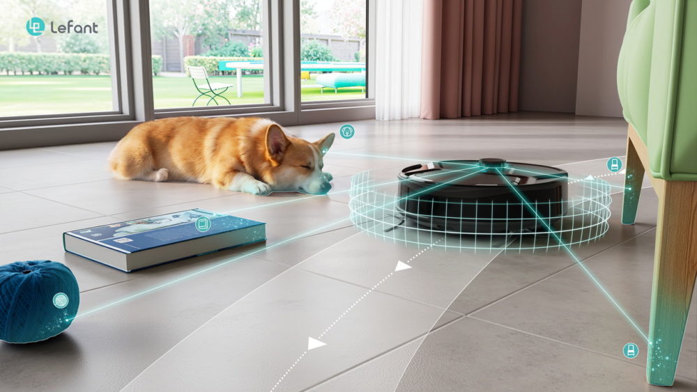 Lefant M210 Pro Omni por 237,99 €: 20.000 Pa, fregado con agua limpia y un 76 % de descuento Perro dormido cerca de aspiradora robótica Lefant en sala moderna, tecnología de navegación y detección de obstáculos.