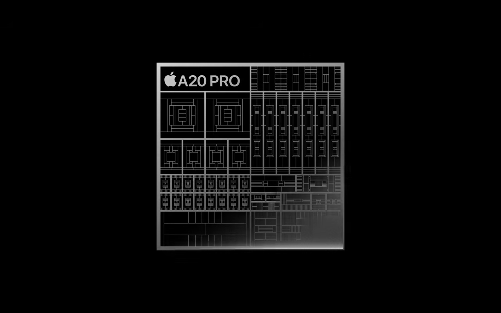 Diseño del chip A20 Pro de Apple sobre fondo negro, mostrando su arquitectura avanzada.