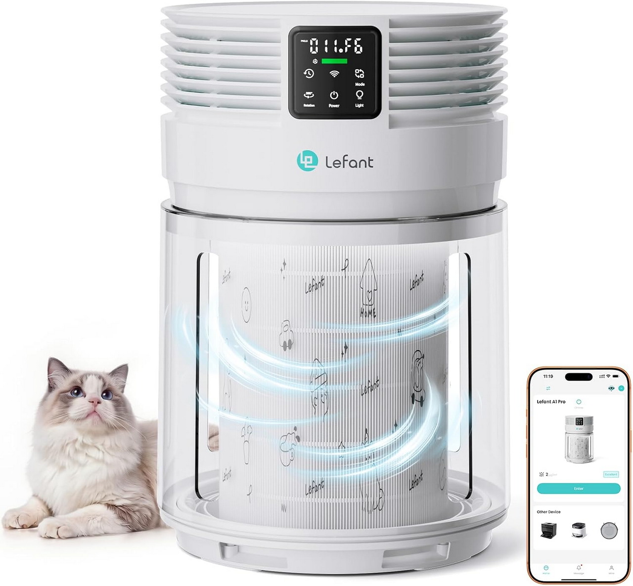 Purificador de aire Lefant con tecnología avanzada, gato al lado y control desde app móvil. Ideal para hogares con mascotas.