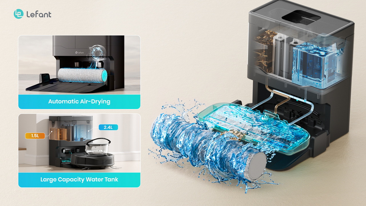 Estación de limpieza Lefant con secado automático y tanque de agua de gran capacidad, ideal para el hogar.