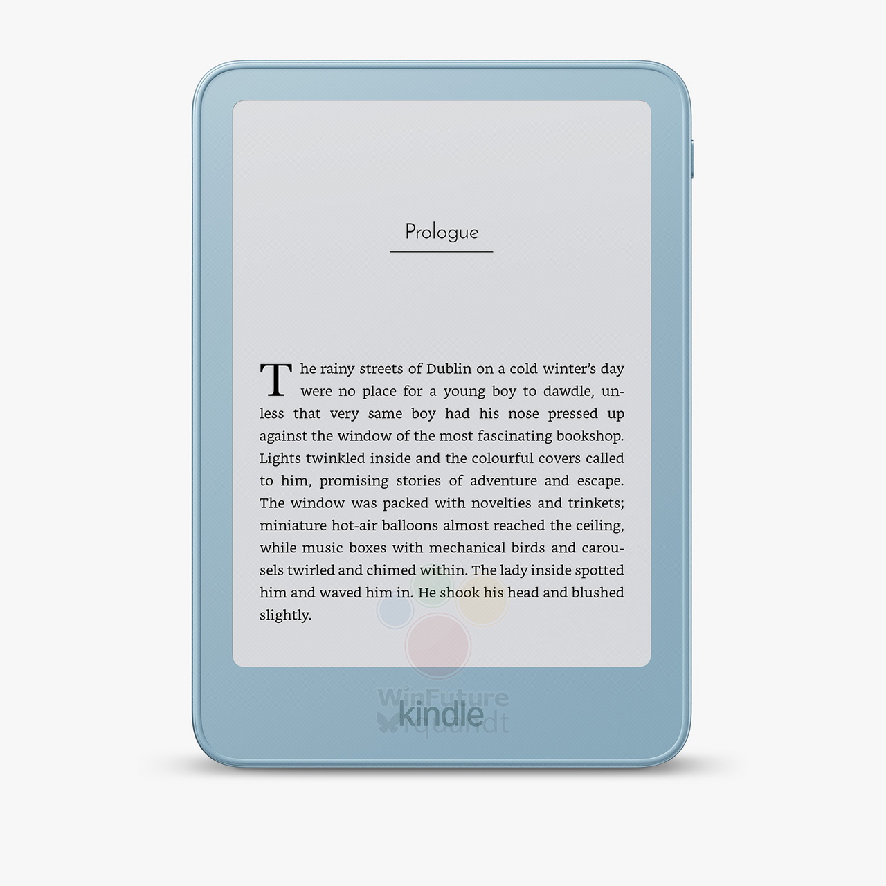E-reader Kindle con texto del prólogo de un libro en pantalla, diseño moderno y carcasa azul claro.