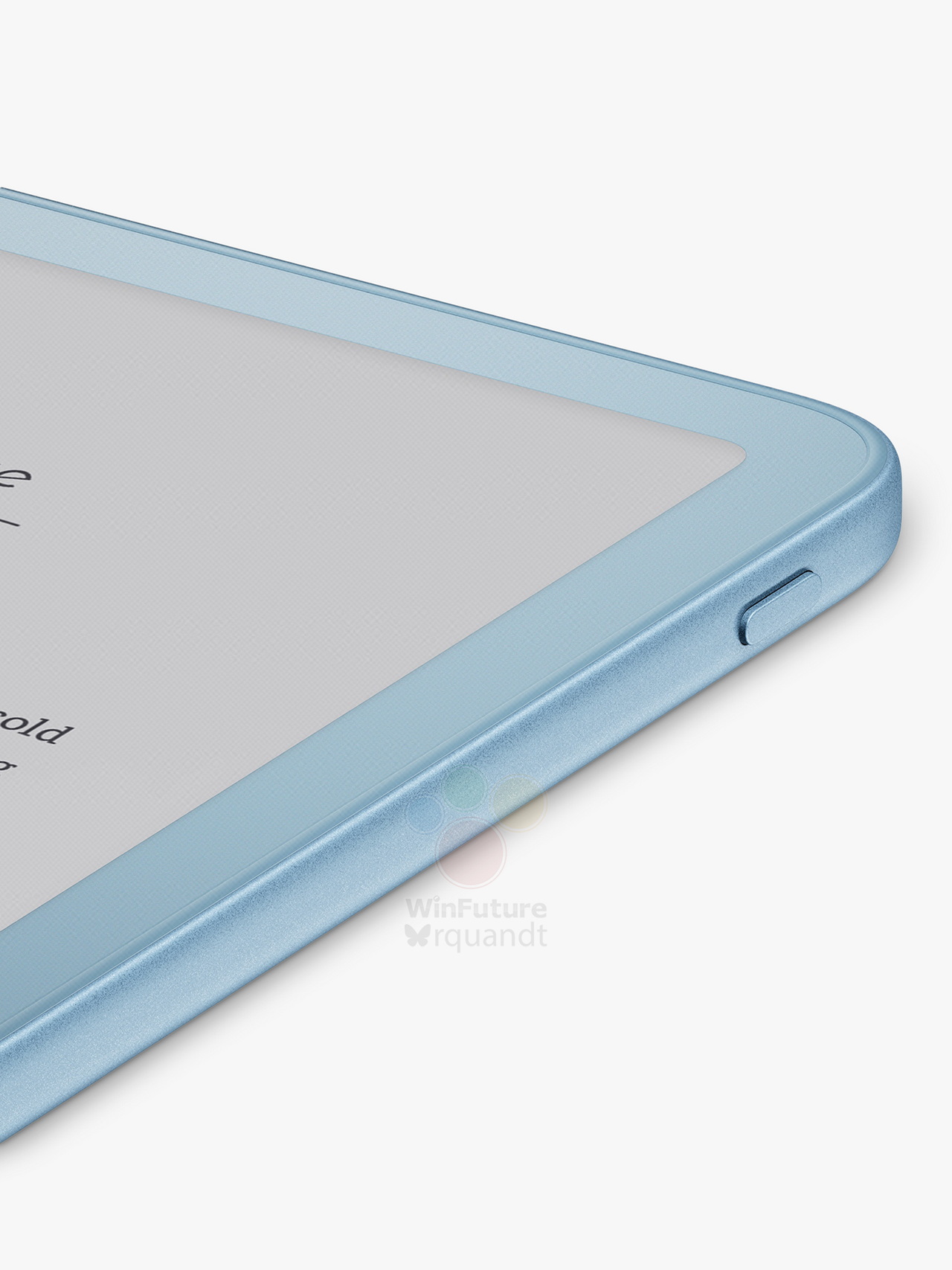 Dispositivo lector de eBooks azul con pantalla E Ink y botón lateral.