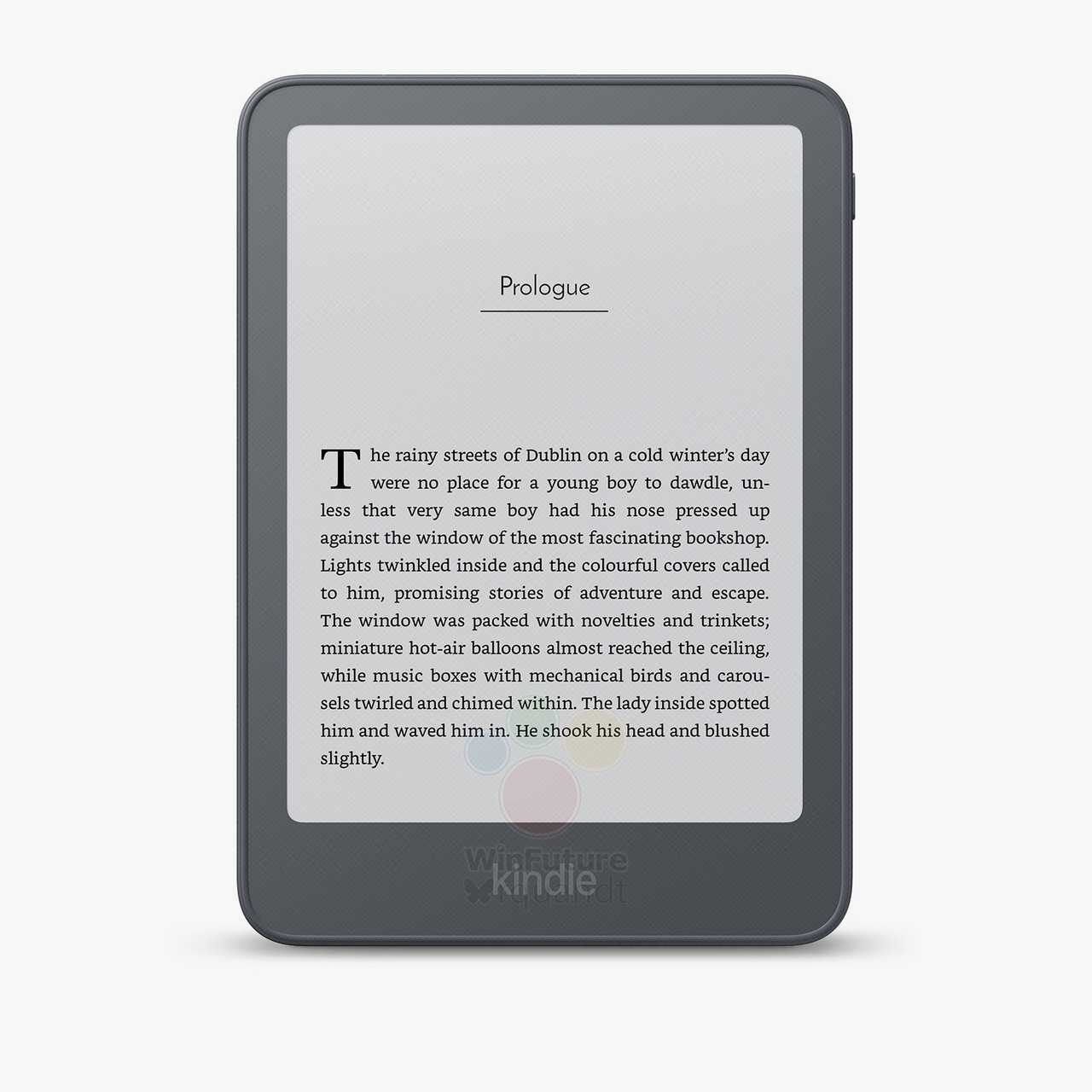 E-reader Kindle mostrando un libro digital en inglés titulado Prologue en su pantalla principal.