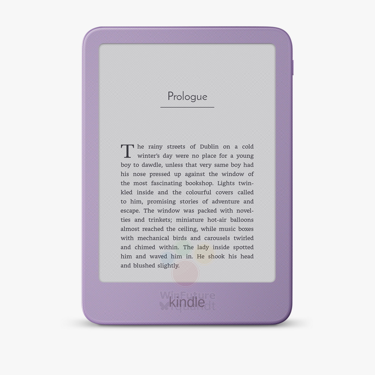 E-reader Kindle con carátula morada mostrando una página con texto en inglés en la pantalla, titulado Prologue.
