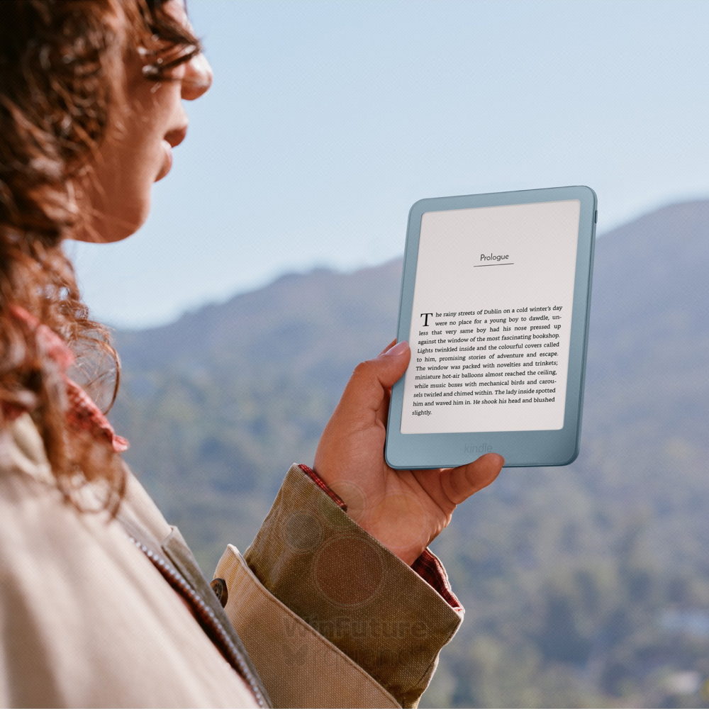El nuevo Kindle de 12.ª generación se filtra: botón lateral, más colores y edición Kids Mujer leyendo un libro digital en un dispositivo Kindle azul con paisaje montañoso de fondo.