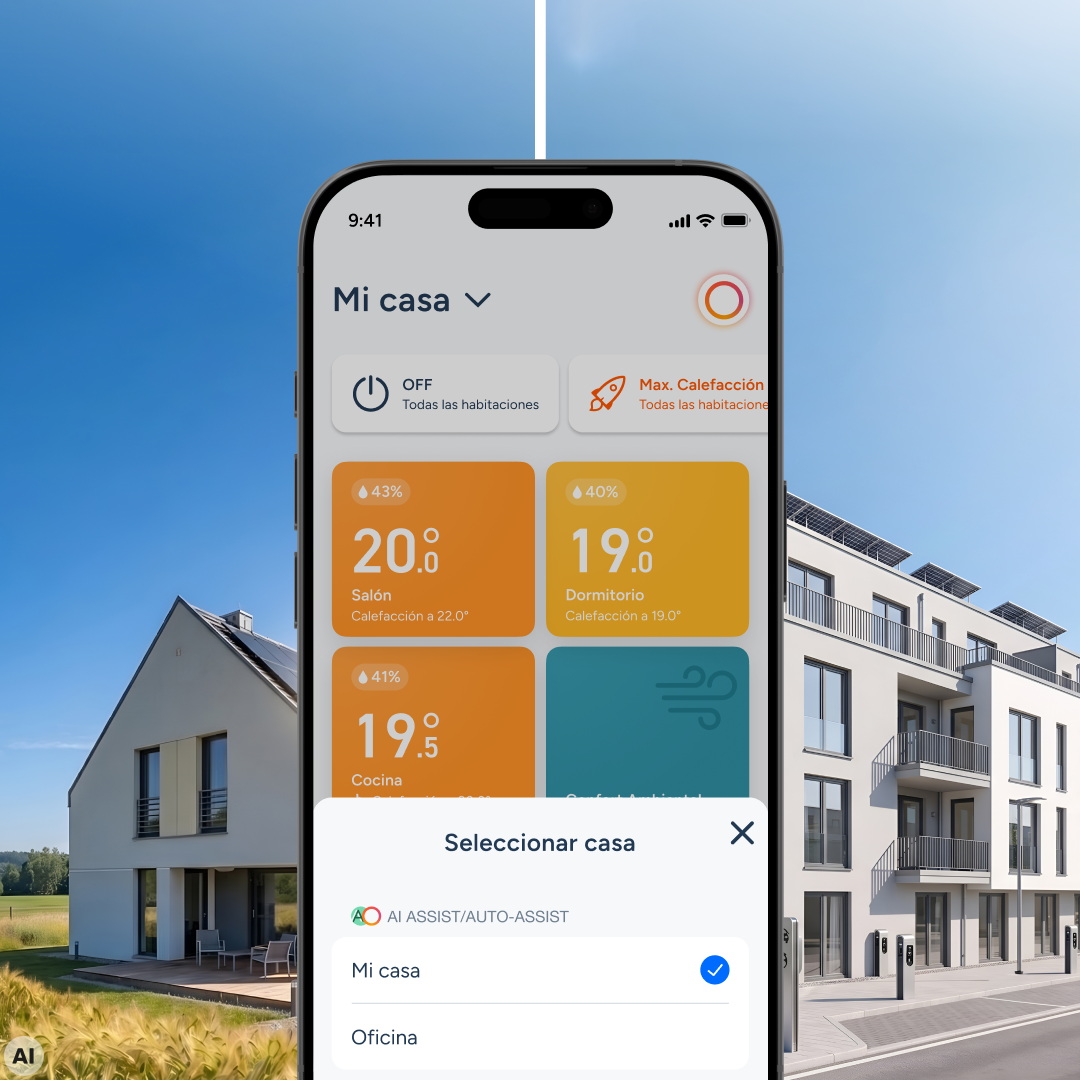 Aplicación de control de temperatura del hogar en smartphone, muestra ajustes para salón, dormitorio y cocina.