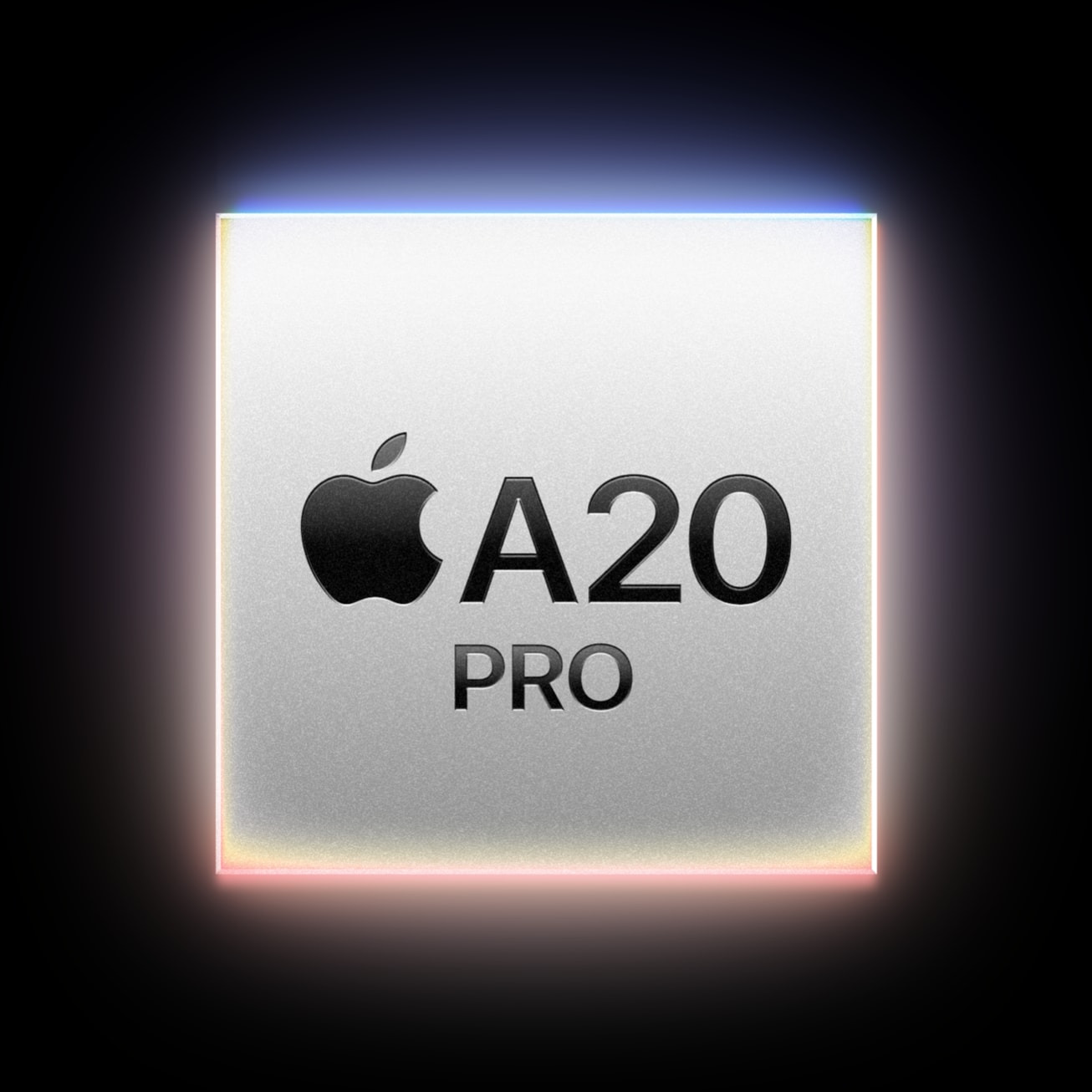 Logotipo del chip Apple A20 Pro con fondo oscuro y borde iluminado.