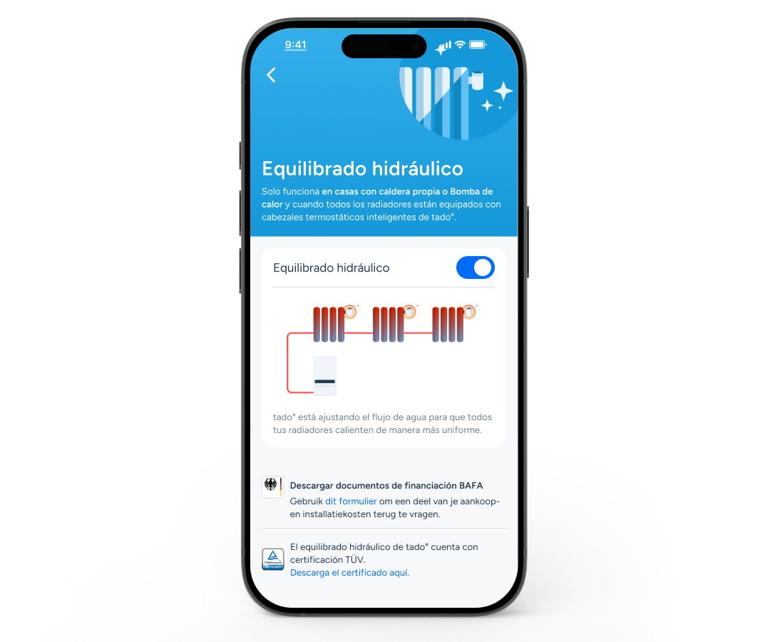 Pantalla de app de equilibrado hidráulico de tado°, muestra el flujo de agua en radiadores inteligentes.
