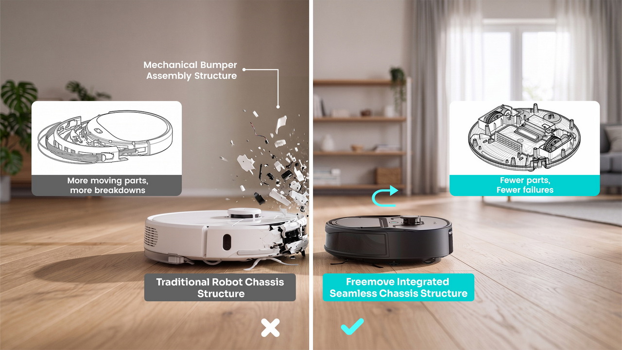 Comparación de robots aspiradores: estructura tradicional con más fallos vs. Freemove integrada con menos piezas.
